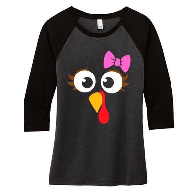 Turkey Face Girl Pink Bow, Thanksgiving Gift Women's Tri-Blend 3/4-Sleeve Raglan Shirt