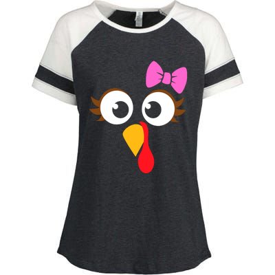 Turkey Face Girl Pink Bow, Thanksgiving Gift Enza Ladies Jersey Colorblock Tee