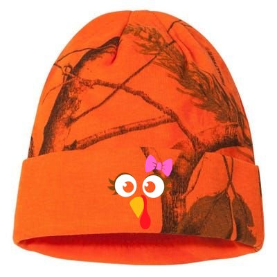 Turkey Face Girl Pink Bow, Thanksgiving Gift Kati Licensed 12" Camo Beanie