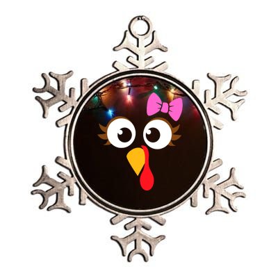 Turkey Face Girl Pink Bow, Thanksgiving Gift Metallic Star Ornament