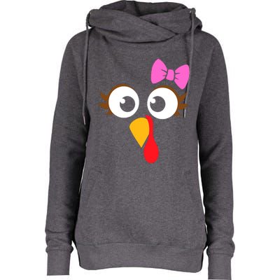 Turkey Face Girl Pink Bow, Thanksgiving Gift Womens Funnel Neck Pullover Hood