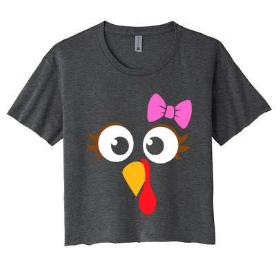 Turkey Face Girl Pink Bow, Thanksgiving Gift Women's Crop Top Tee