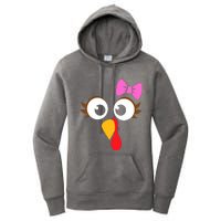 Turkey Face Girl Pink Bow, Thanksgiving Gift Women's Pullover Hoodie