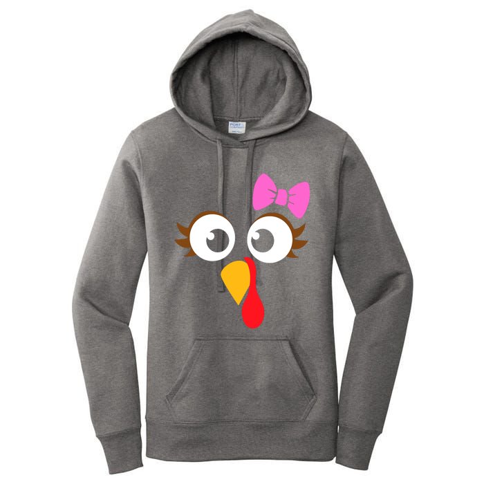 Turkey Face Girl Pink Bow, Thanksgiving Gift Women's Pullover Hoodie