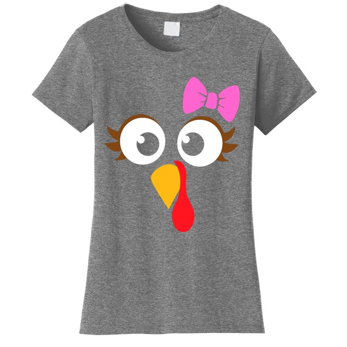 Turkey Face Girl Pink Bow, Thanksgiving Gift Women's T-Shirt