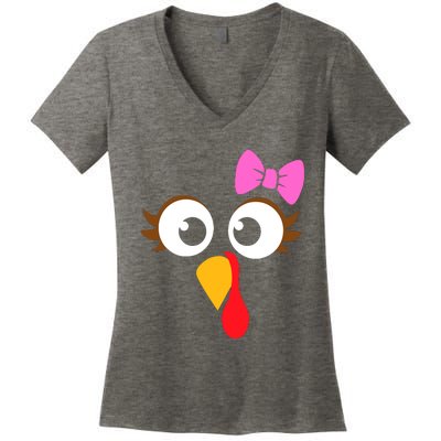 Turkey Face Girl Pink Bow, Thanksgiving Gift Women's V-Neck T-Shirt