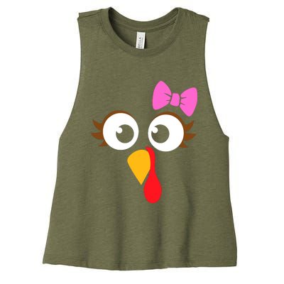 Turkey Face Girl Pink Bow, Thanksgiving Gift Women's Racerback Cropped Tank