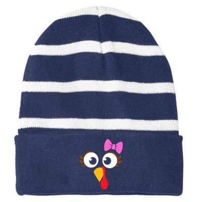 Turkey Face Girl Pink Bow, Thanksgiving Gift Striped Beanie with Solid Band