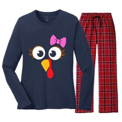 Turkey Face Girl Pink Bow, Thanksgiving Gift Women's Long Sleeve Flannel Pajama Set 