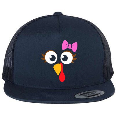 Turkey Face Girl Pink Bow, Thanksgiving Gift Flat Bill Trucker Hat