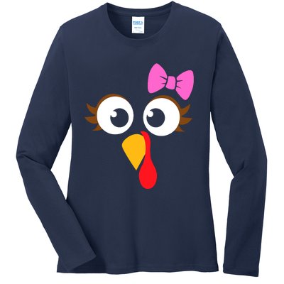 Turkey Face Girl Pink Bow, Thanksgiving Gift Ladies Long Sleeve Shirt