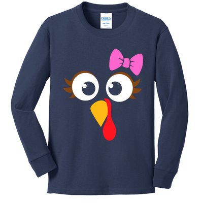 Turkey Face Girl Pink Bow, Thanksgiving Gift Kids Long Sleeve Shirt