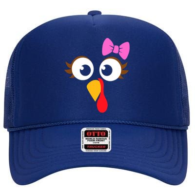 Turkey Face Girl Pink Bow, Thanksgiving Gift High Crown Mesh Back Trucker Hat