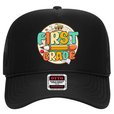 Team First Grade Teacher Student Back To School 1st Grade Gift High Crown Mesh Back Trucker Hat