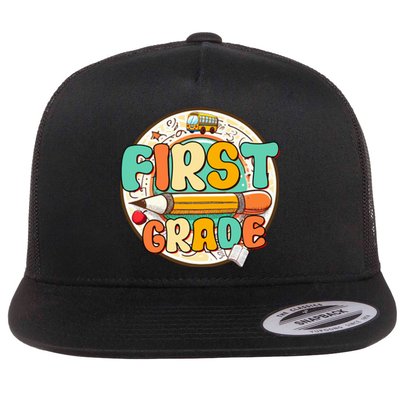 Team First Grade Teacher Student Back To School 1st Grade Gift Flat Bill Trucker Hat