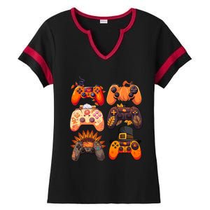 Thanksgiving Fall Gaming Controllers Turkey Funny Gamer Gift Ladies Halftime Notch Neck Tee