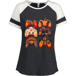 Thanksgiving Fall Gaming Controllers Turkey Funny Gamer Gift Enza Ladies Jersey Colorblock Tee