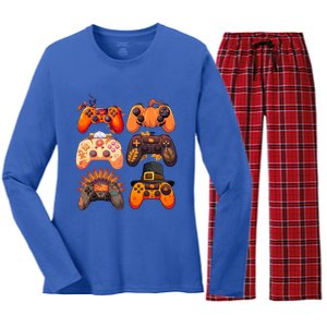 Thanksgiving Fall Gaming Controllers Turkey Funny Gamer Gift Women's Long Sleeve Flannel Pajama Set 