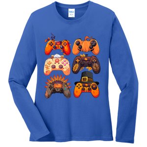 Thanksgiving Fall Gaming Controllers Turkey Funny Gamer Gift Ladies Long Sleeve Shirt