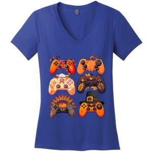 Thanksgiving Fall Gaming Controllers Turkey Funny Gamer Gift Women's V-Neck T-Shirt