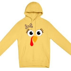 Turkey Face Girl Leopard Bow Thanksgiving Turkey Premium Pullover Hoodie