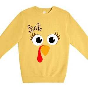 Turkey Face Girl Leopard Bow Thanksgiving Turkey Premium Crewneck Sweatshirt