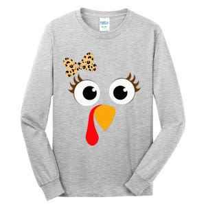 Turkey Face Girl Leopard Bow Thanksgiving Turkey Tall Long Sleeve T-Shirt