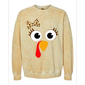 Turkey Face Girl Leopard Bow Thanksgiving Turkey Colorblast Crewneck Sweatshirt