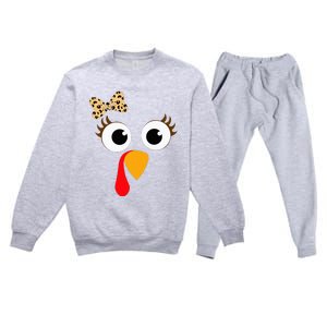 Turkey Face Girl Leopard Bow Thanksgiving Turkey Premium Crewneck Sweatsuit Set