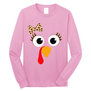 Turkey Face Girl Leopard Bow Thanksgiving Turkey Long Sleeve Shirt