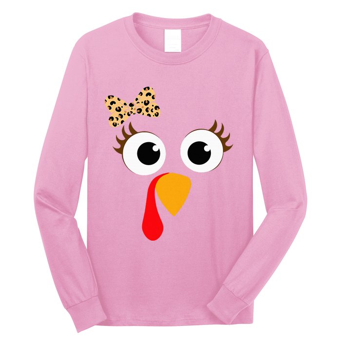 Turkey Face Girl Leopard Bow Thanksgiving Turkey Long Sleeve Shirt