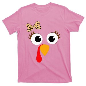 Turkey Face Girl Leopard Bow Thanksgiving Turkey T-Shirt