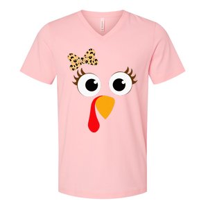 Turkey Face Girl Leopard Bow Thanksgiving Turkey V-Neck T-Shirt