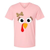 Turkey Face Girl Leopard Bow Thanksgiving Turkey V-Neck T-Shirt