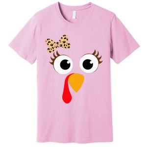 Turkey Face Girl Leopard Bow Thanksgiving Turkey Premium T-Shirt