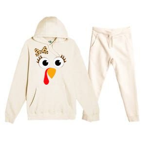 Turkey Face Girl Leopard Bow Thanksgiving Turkey Premium Hooded Sweatsuit Set