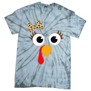 Turkey Face Girl Leopard Bow Thanksgiving Turkey Tie-Dye T-Shirt