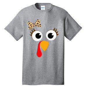 Turkey Face Girl Leopard Bow Thanksgiving Turkey Tall T-Shirt