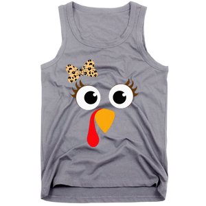 Turkey Face Girl Leopard Bow Thanksgiving Turkey Tank Top