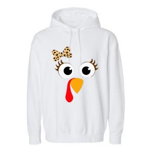 Turkey Face Girl Leopard Bow Thanksgiving Turkey Garment-Dyed Fleece Hoodie