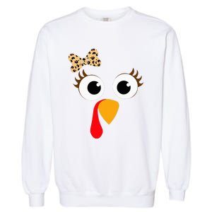 Turkey Face Girl Leopard Bow Thanksgiving Turkey Garment-Dyed Sweatshirt