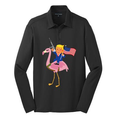 Trump Flamingo Gun Merica 2024 Election Maga Republican Silk Touch Performance Long Sleeve Polo