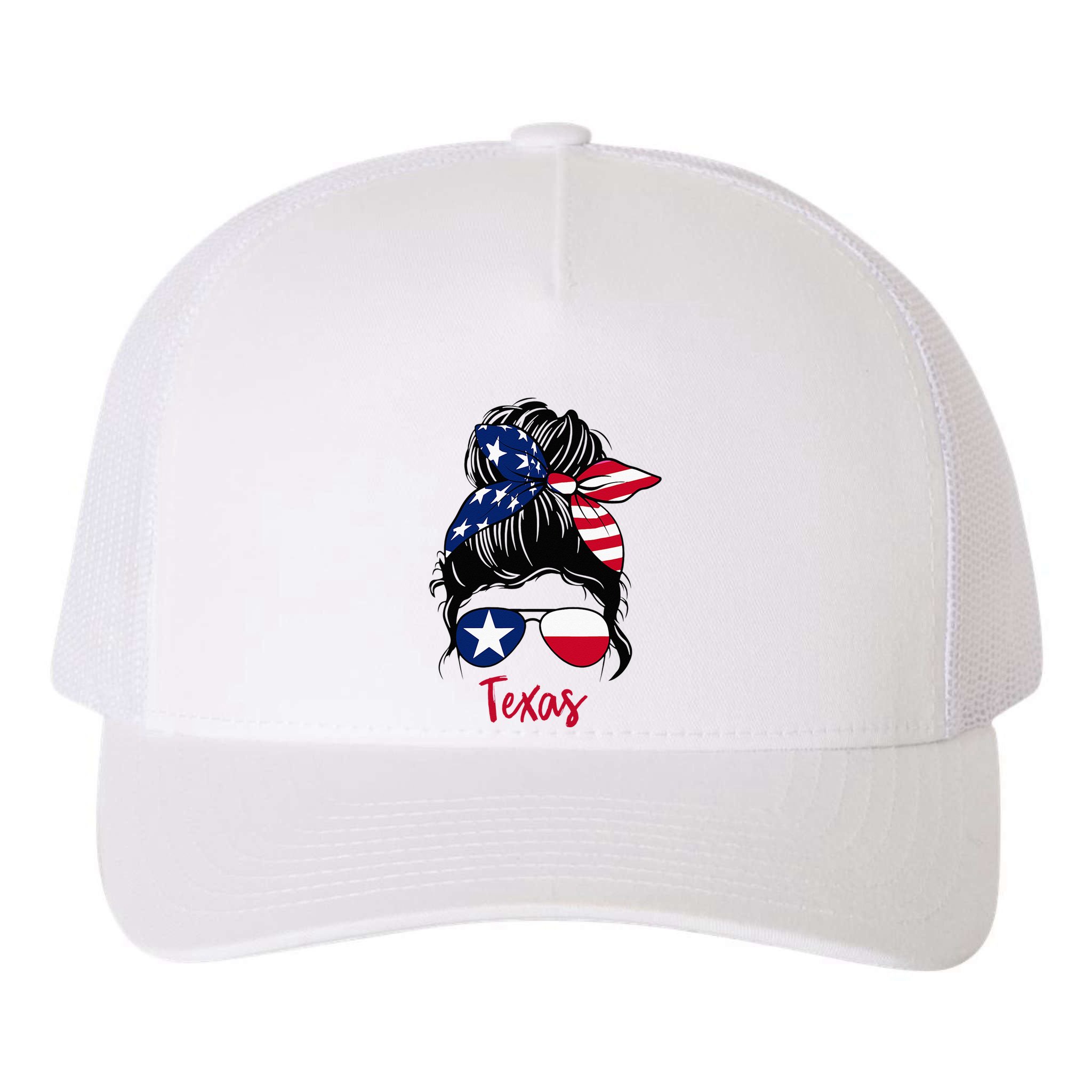 Texas Flag Girl Texas Flag State Girlfriend Messy Bun Yupoong Adult 5-Panel Trucker Hat