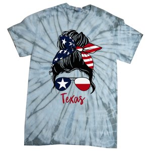 Texas Flag Girl Texas Flag State Girlfriend Messy Bun Tie-Dye T-Shirt