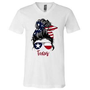 Texas Flag Girl Texas Flag State Girlfriend Messy Bun V-Neck T-Shirt