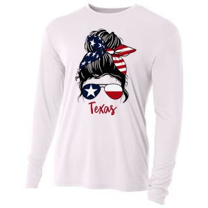 Texas Flag Girl Texas Flag State Girlfriend Messy Bun Cooling Performance Long Sleeve Crew