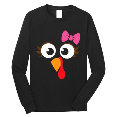 Turkey Face Girl Pink Bow Thanksgiving Gift Long Sleeve Shirt