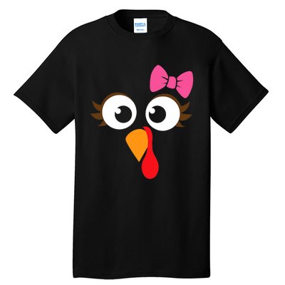 Turkey Face Girl Pink Bow Thanksgiving Gift Tall T-Shirt