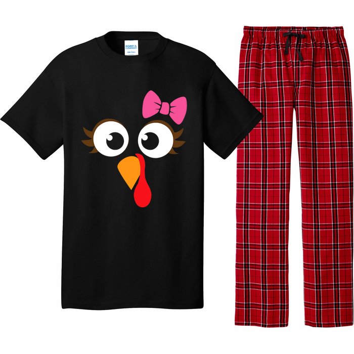 Turkey Face Girl Pink Bow Thanksgiving Gift Pajama Set