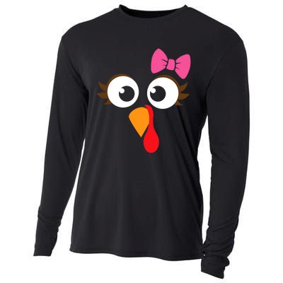 Turkey Face Girl Pink Bow Thanksgiving Gift Cooling Performance Long Sleeve Crew